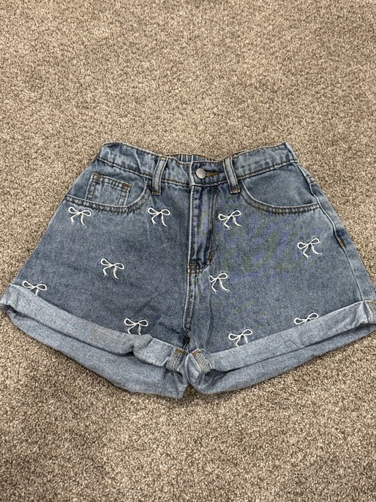 SHEIN Other - SHEIN Blue Denim Shorts with White Bow Embroidery